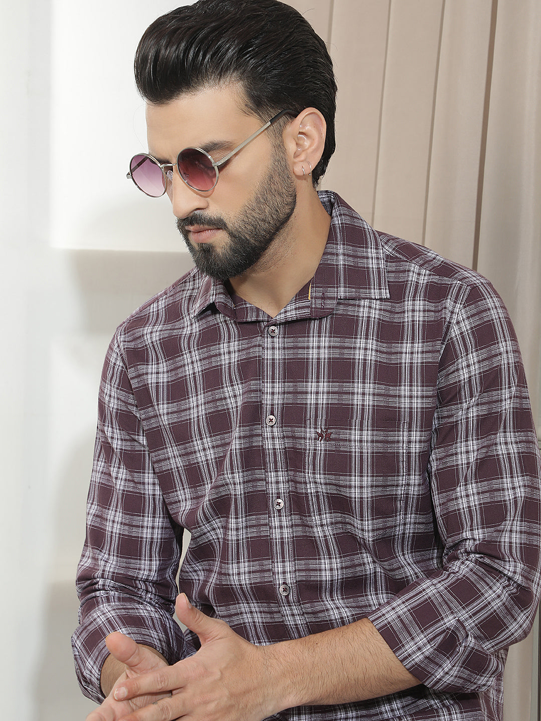 Wine 100% Cotton Checked Shirt