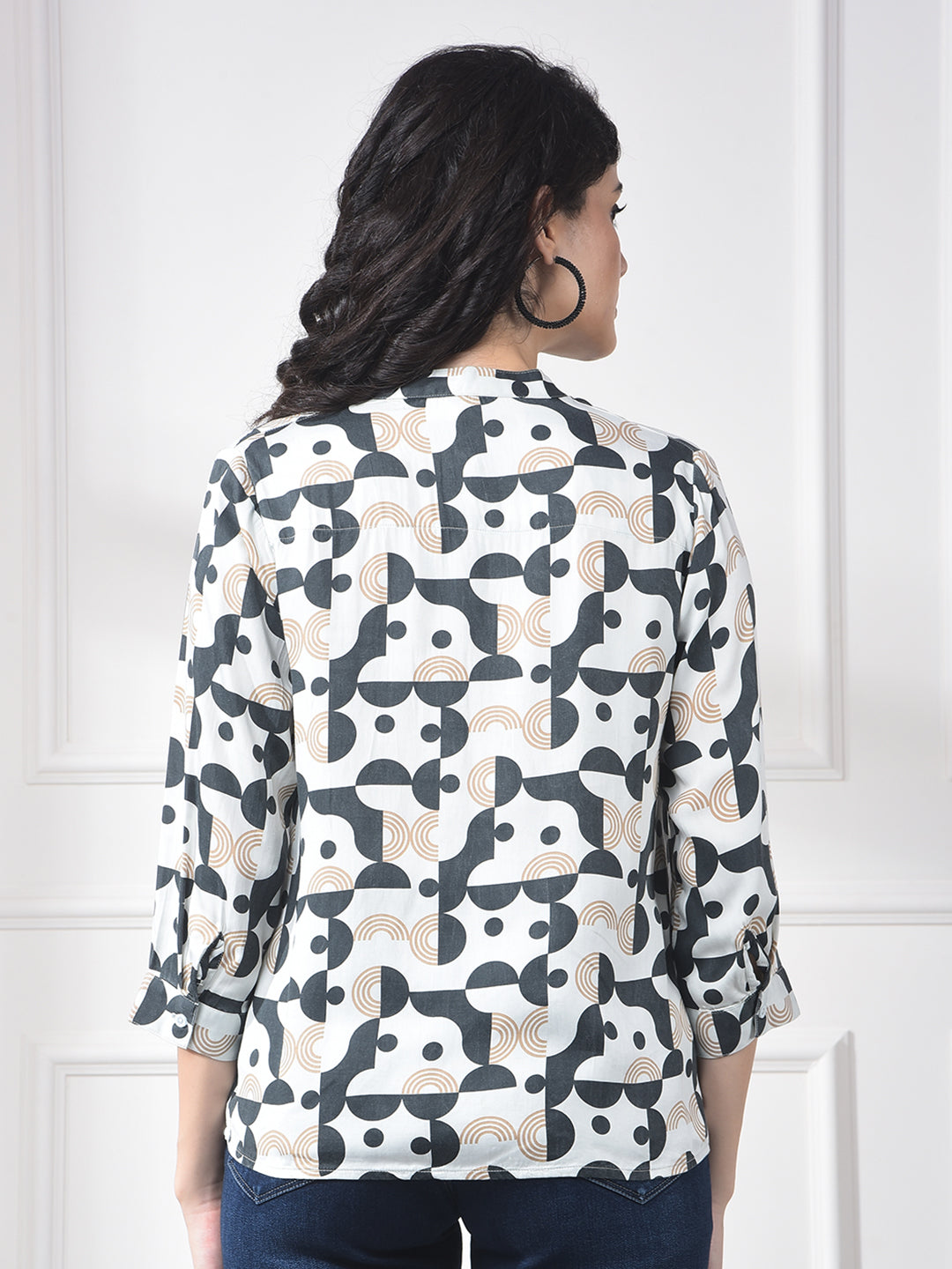 White Printed 100% Modal V-Neck Top