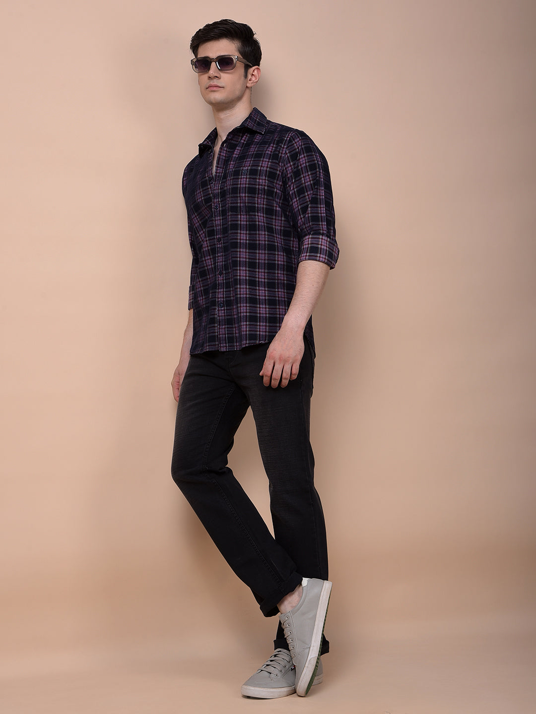 Navy Blue Checked 100% Cotton Corduroy Shirt