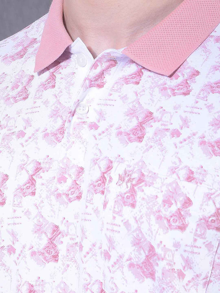 Pink 100% Cotton Geometric Print Polo T-Shirt