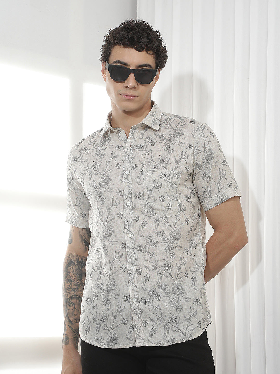 Grey Floral Print Linen Shirt