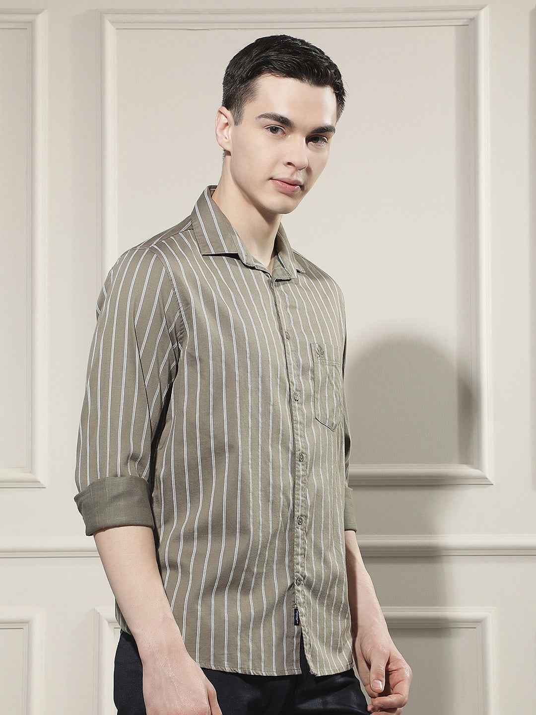 Olive Vertical Stripes Shirt