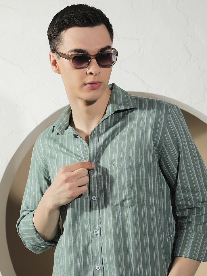 Green Vertical Stripes 100% Cotton Shirt