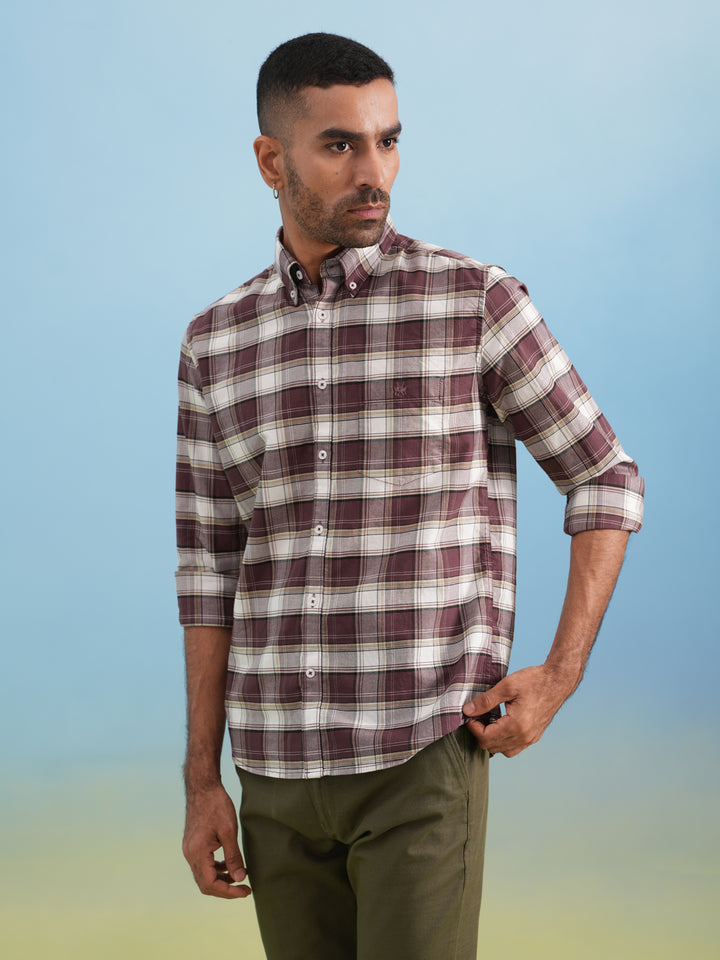 Wine Checked 100% Cotton Button-Down Collar Shirt