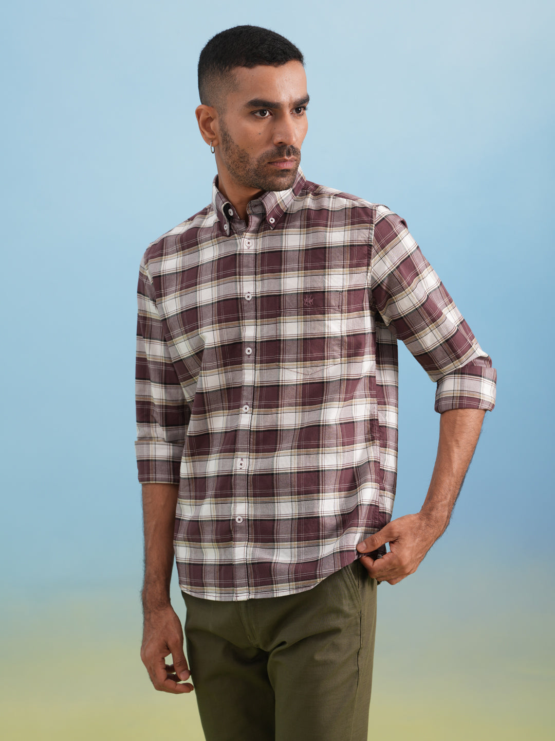 Wine Checked 100% Cotton Button-Down Collar Shirt