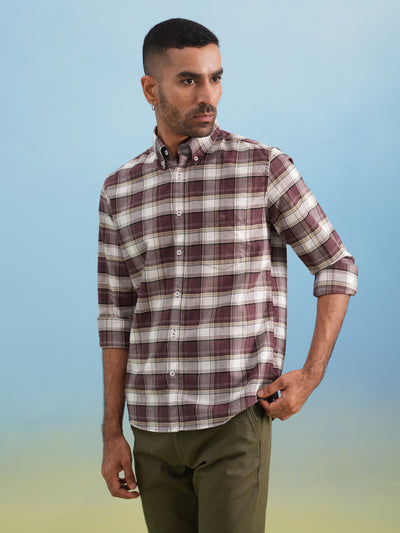 Wine Checked 100% Cotton Button-Down Collar Shirt