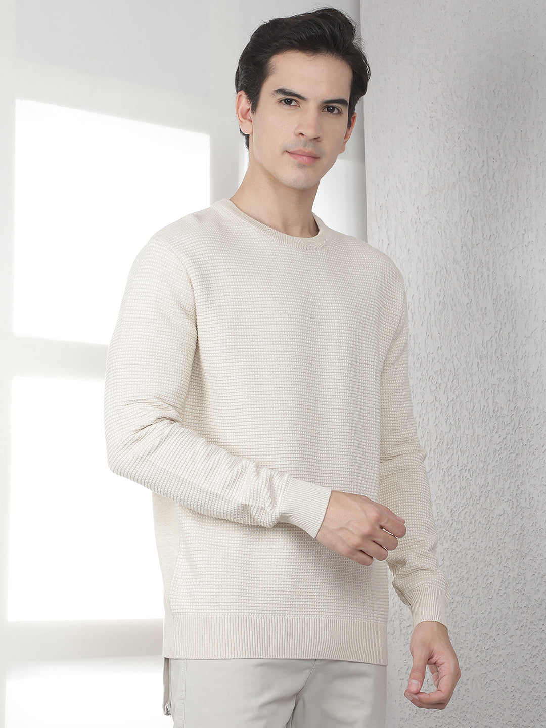 Beige 100% Cotton Textured Round Neck Sweater