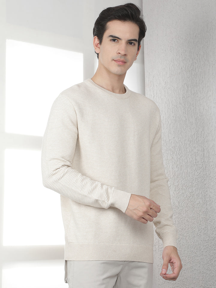 Beige 100% Cotton Textured Round Neck Sweater
