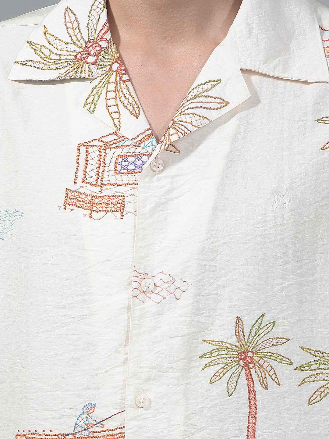 Beige Botanical Print Resort-Collar Shirt