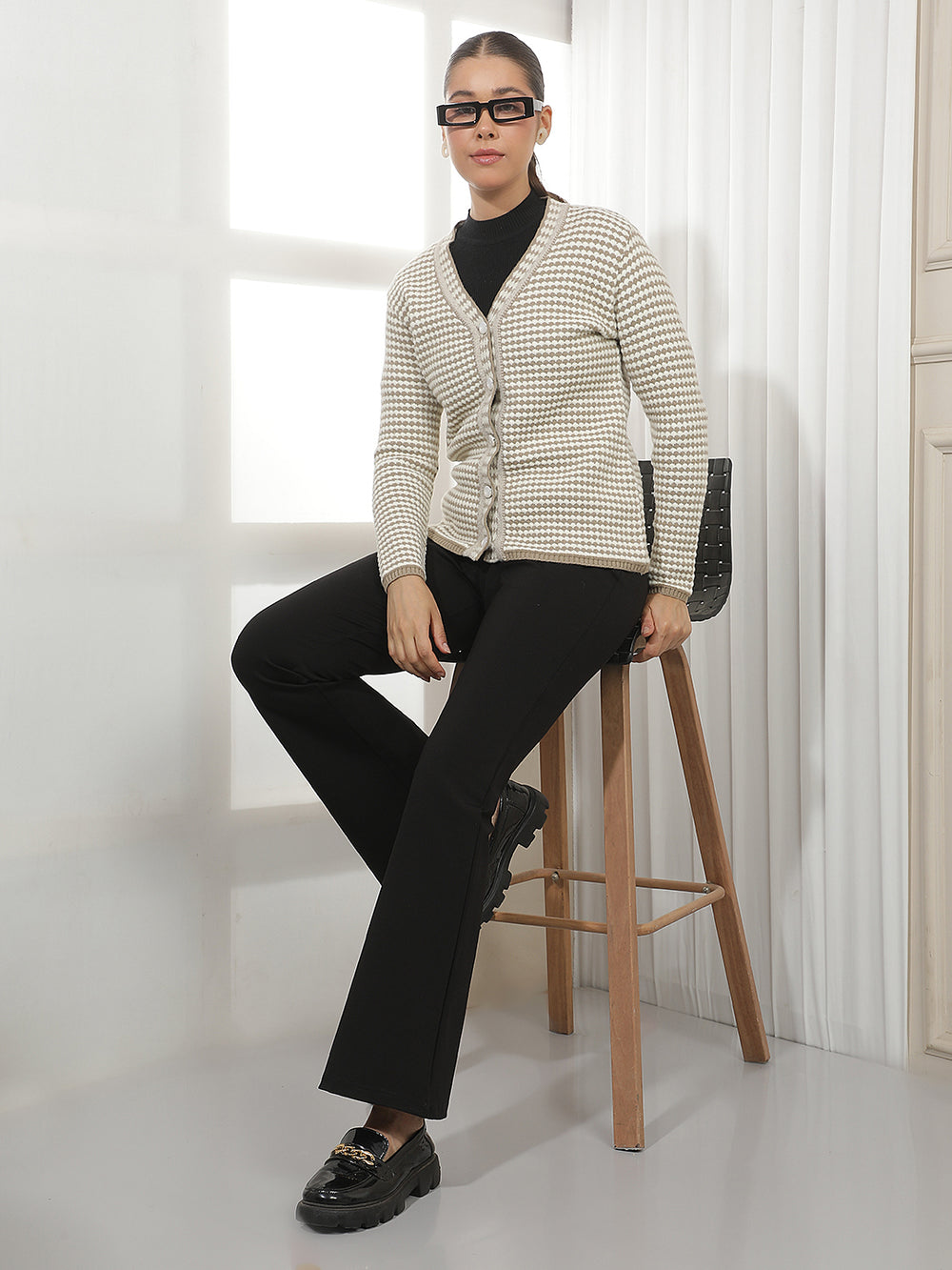 Beige Printed V-Neck Cardigan