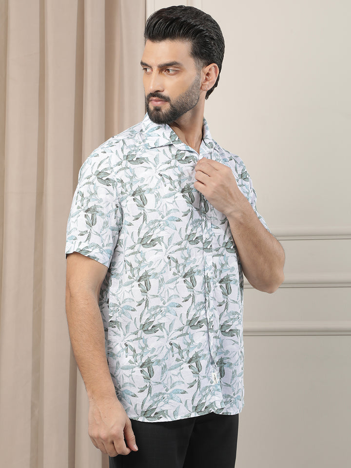 Green Floral Print Linen Shirt