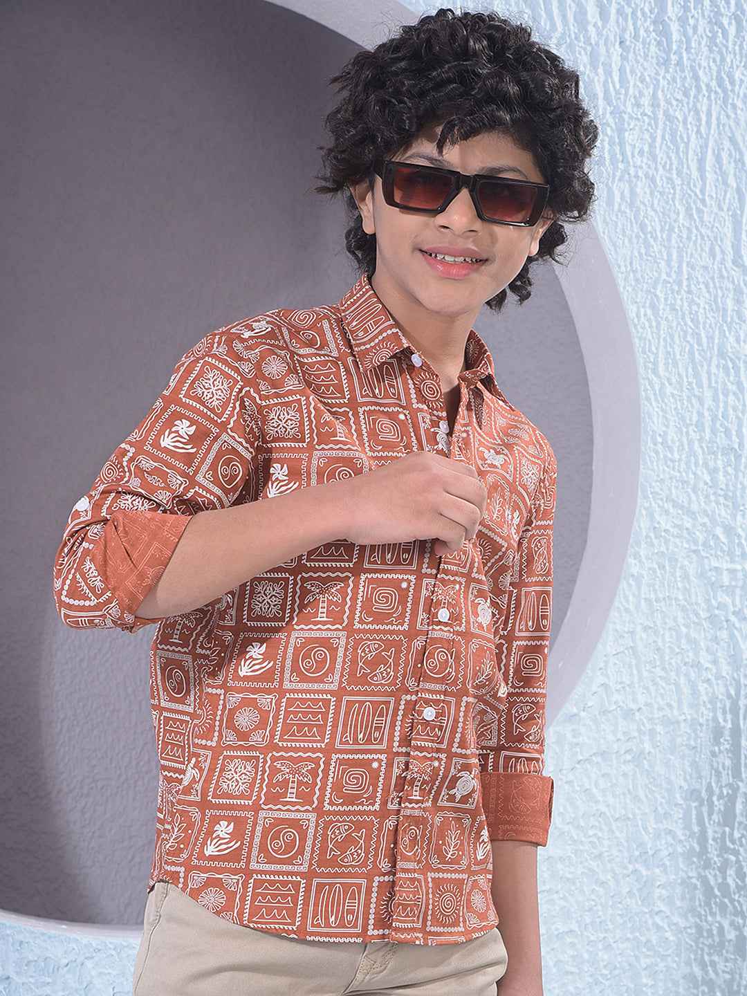 Brown Motif Print Shirt