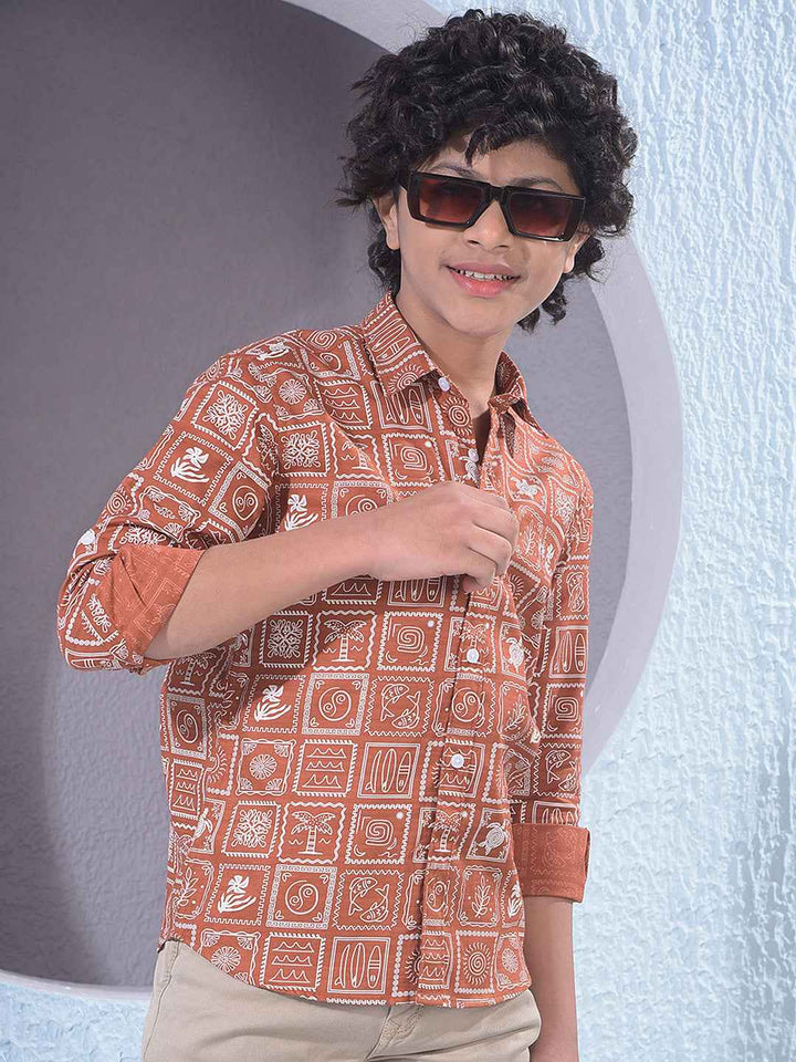 Brown Motif Print Shirt