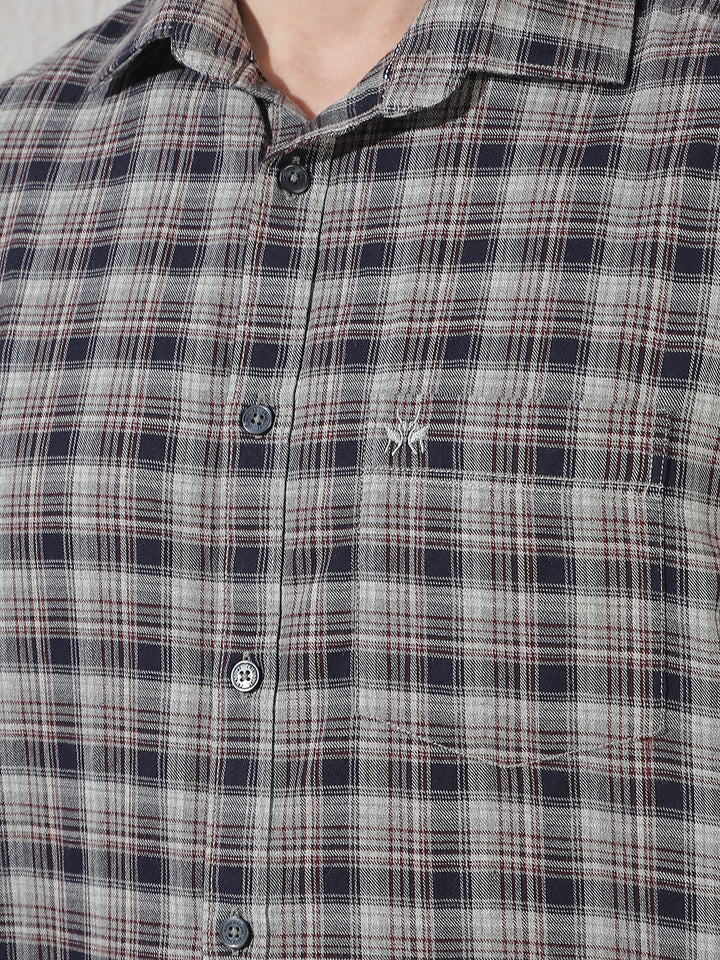 Navy Blue 100% Cotton Checked Shirt