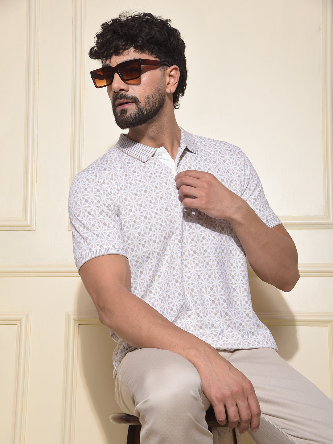 Beige Printed Polo-Neck T-Shirt