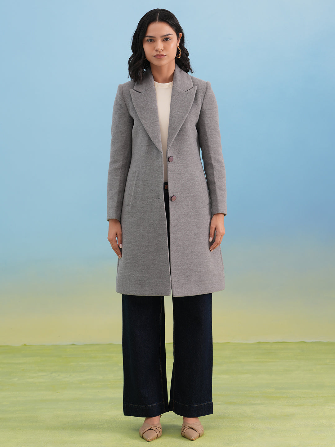 Grey Notched Lapel Overcoat