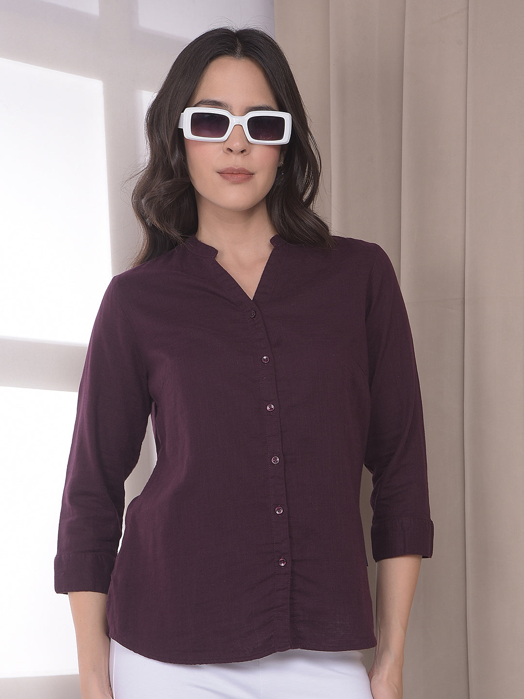 Wine V-Neck 100% Cotton Shirt