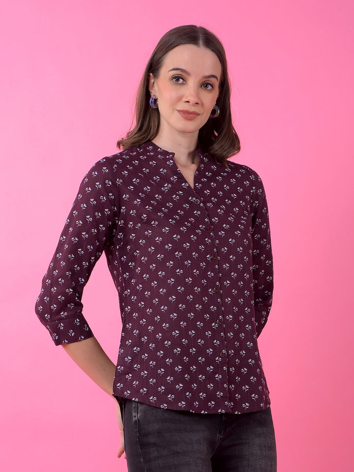 Wine Floral Print V-Neck Shirt