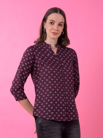 Wine Floral Print V-Neck Shirt