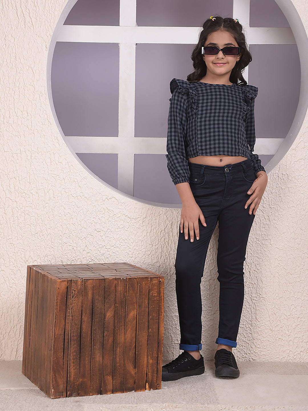 Grey Checked 100% Cotton Cropped Top