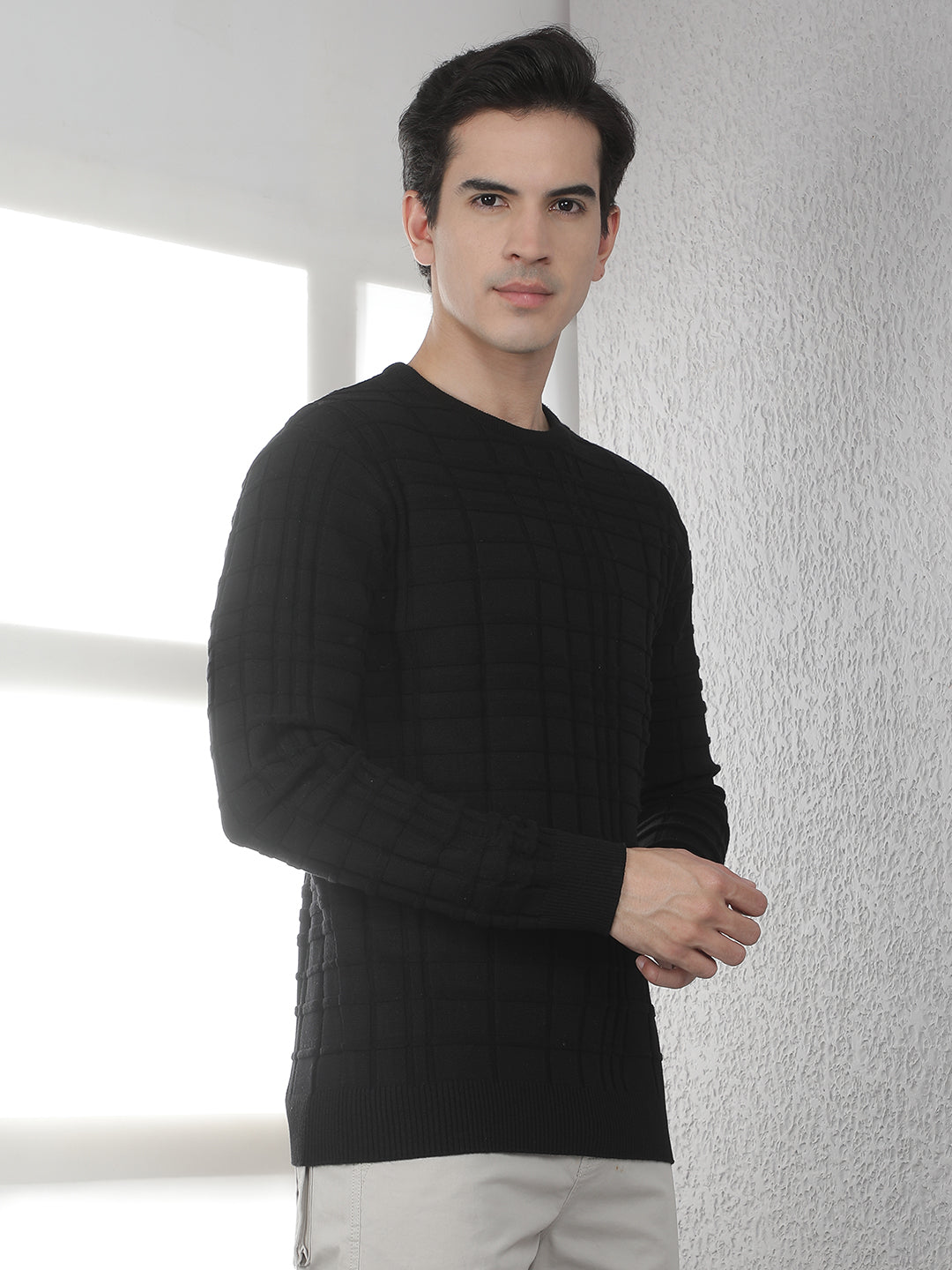 Black Jacquard Round Neck Sweater