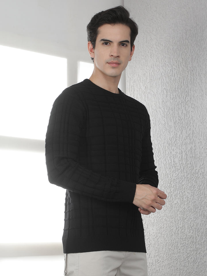 Black Jacquard Round Neck Sweater