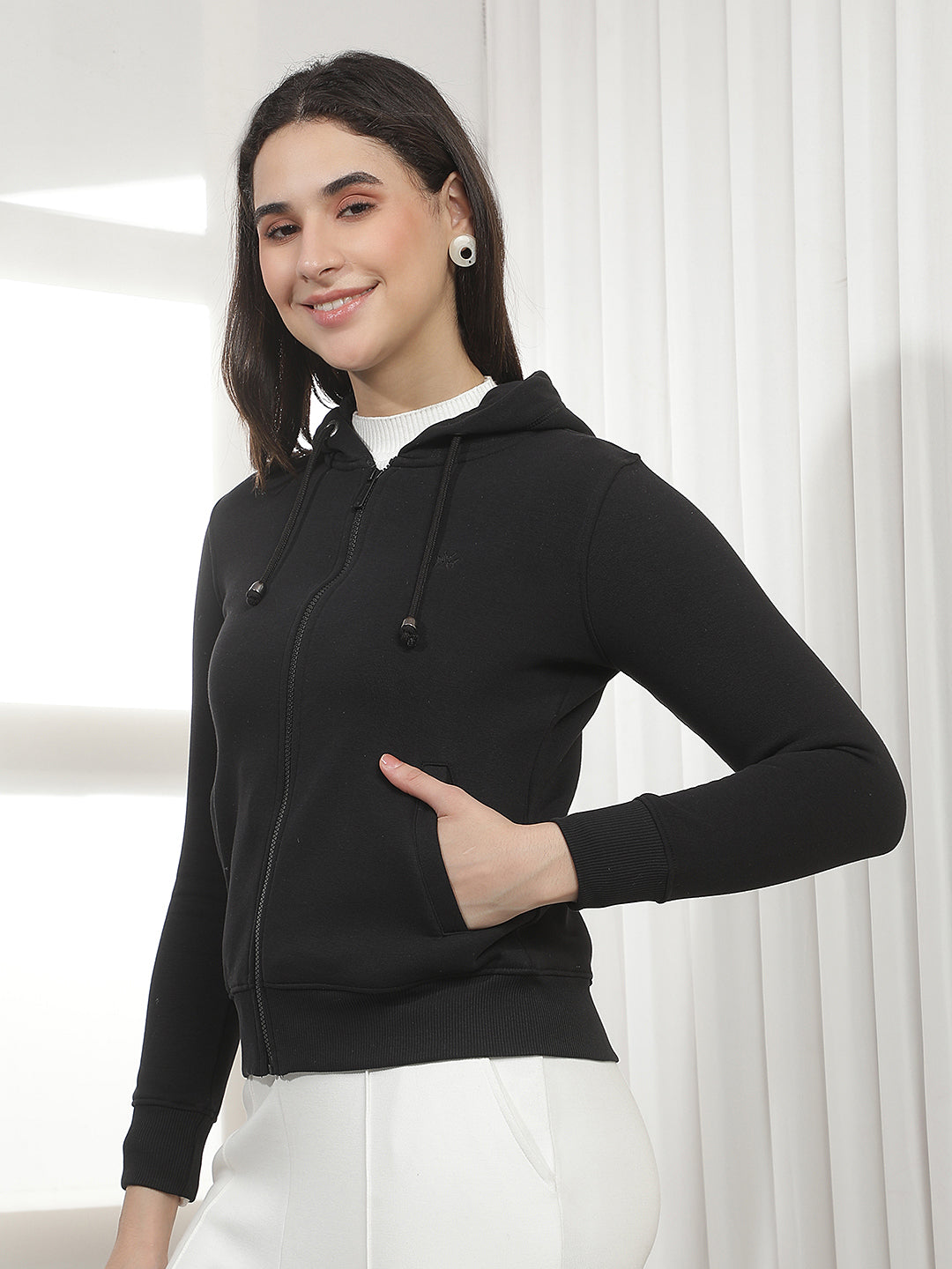 Black Hooded Front-Open Sweatshirt