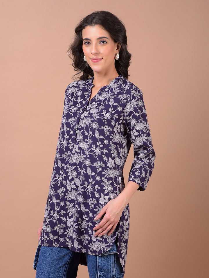 Purple Floral Print V-Neck Top