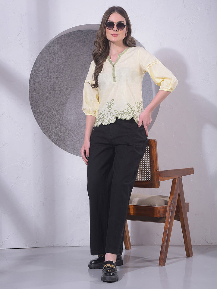 Yellow Embroidered V-Neck 100% Cotton Top