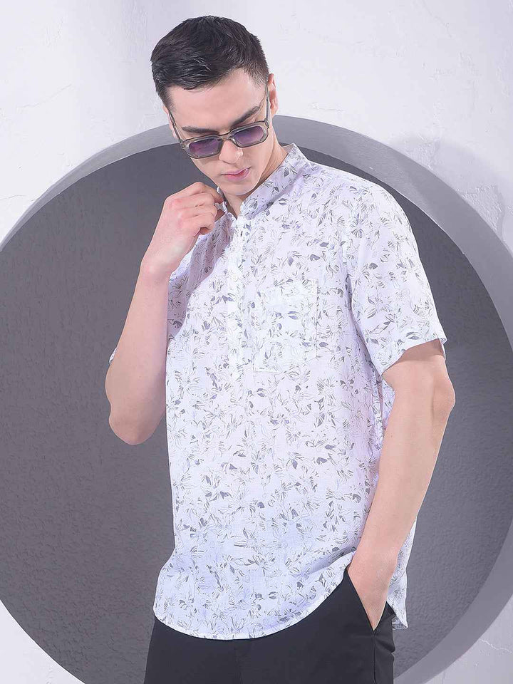 White Floral Print Linen Kurta