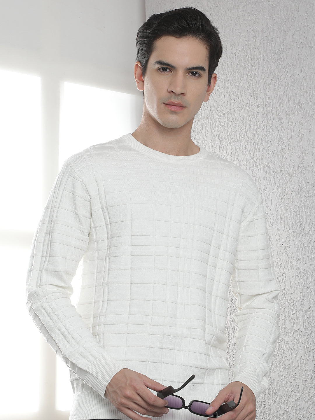 White Jacquard Round Neck Sweater