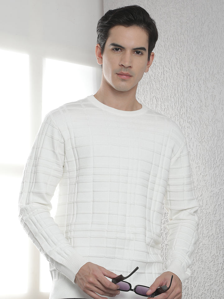 White Jacquard Round Neck Sweater