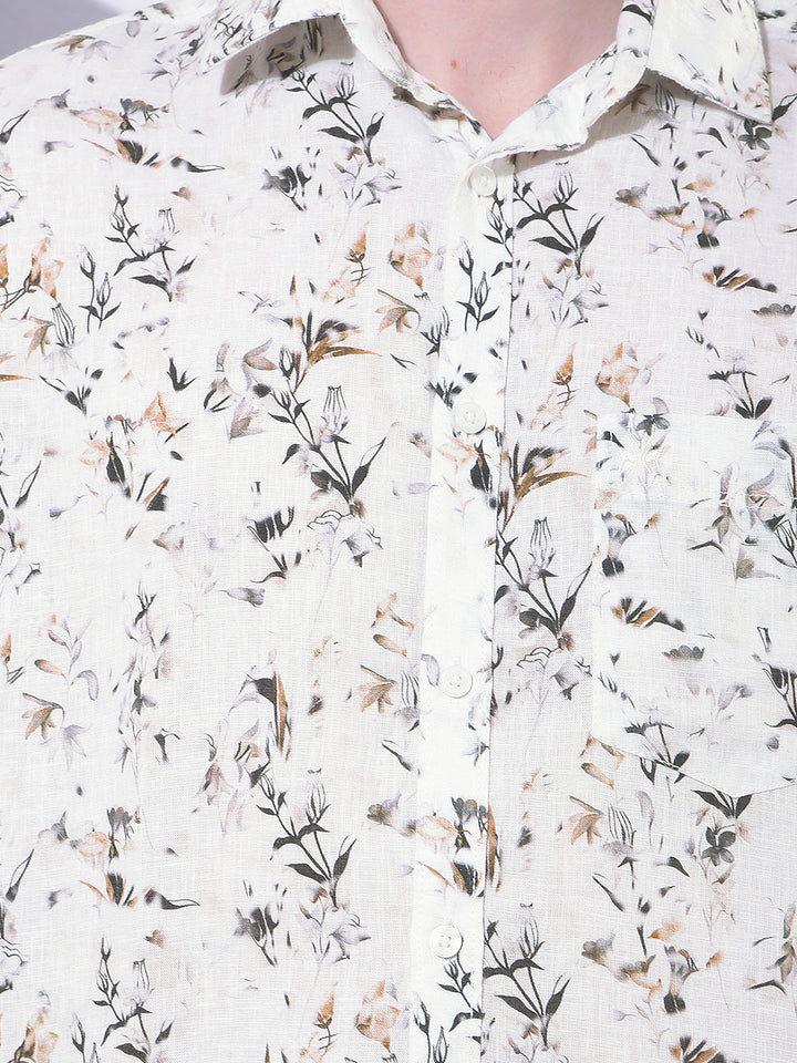 Brown Floral Print Linen Shirt