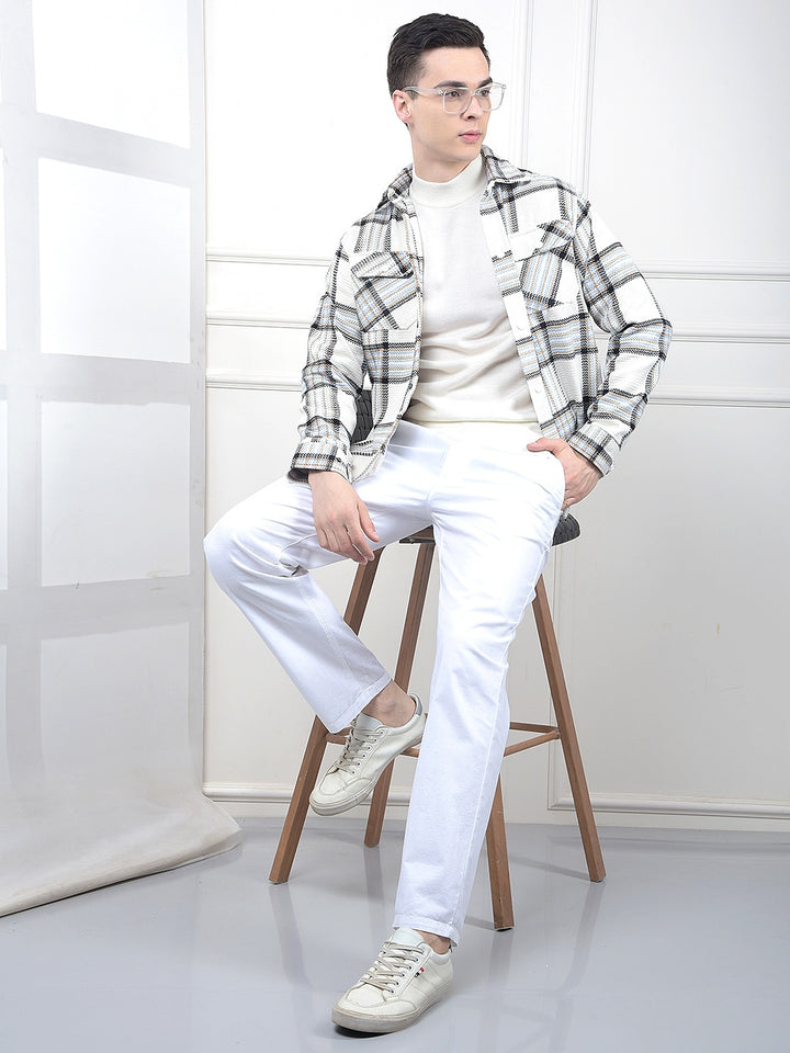 White Checked Knitted Shacket-Men Shackets-Crimsoune Club
