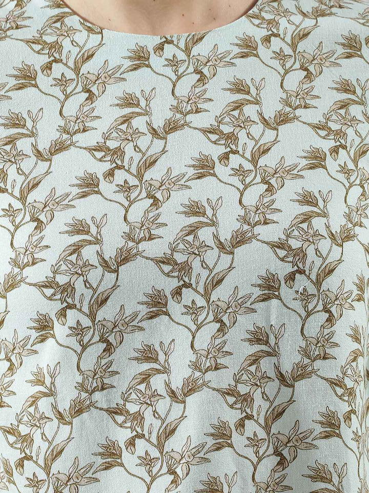 Green Linen Round Neck Floral Printed Top