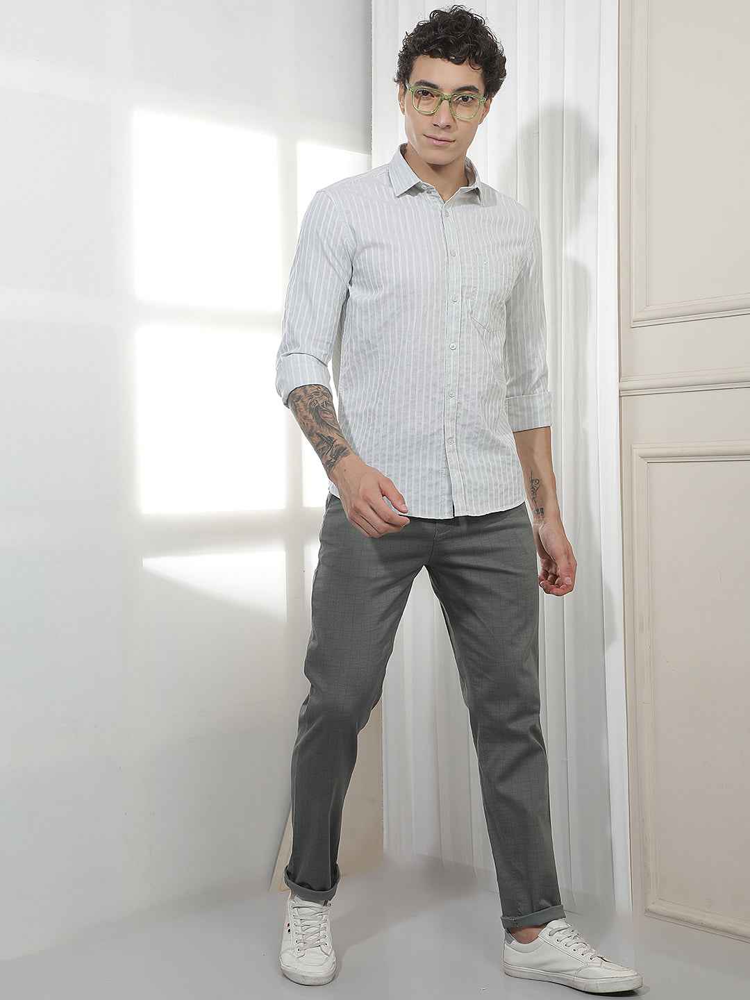 Modern Olive Checked Casual Trousers