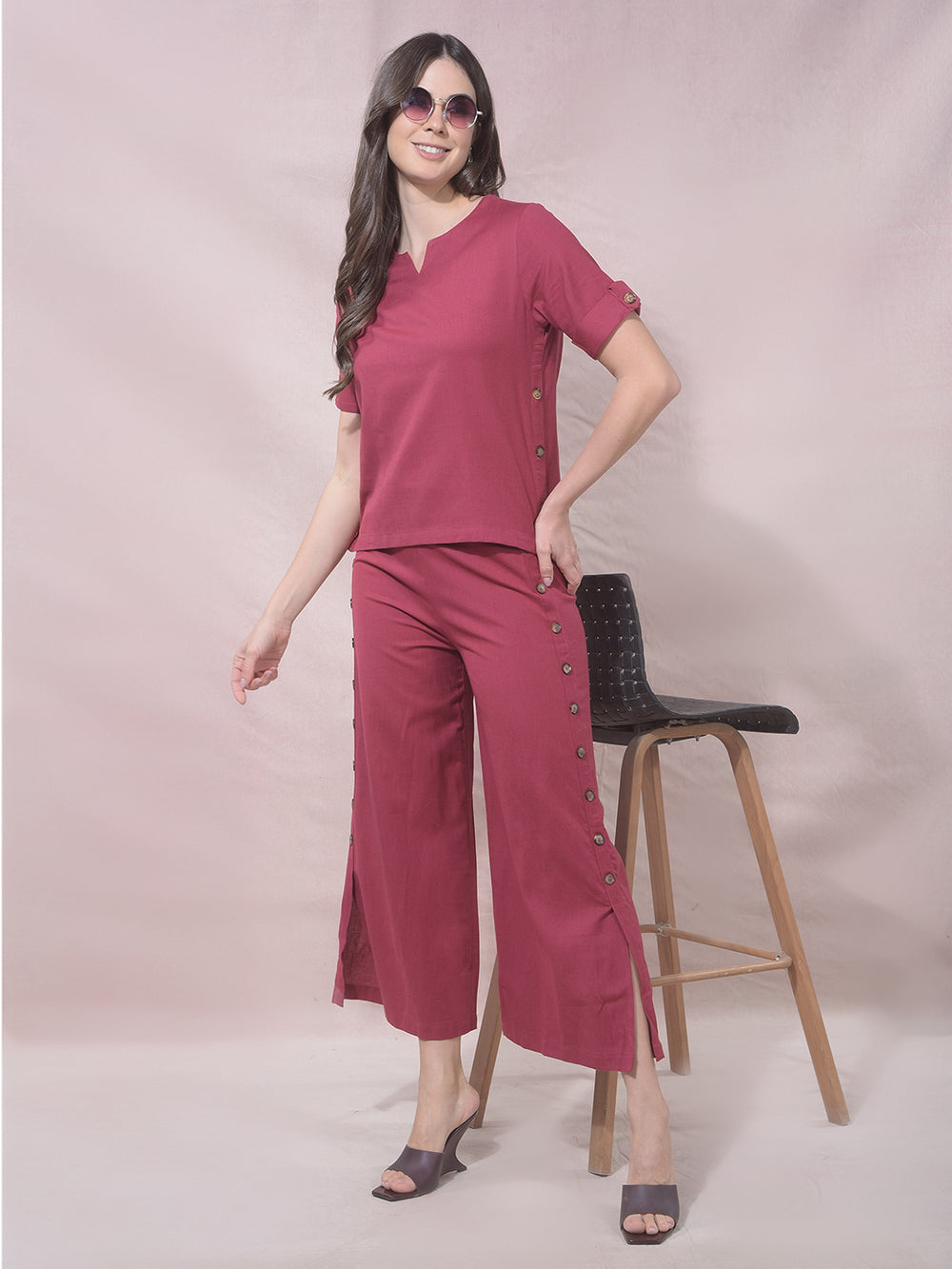 Maroon Wide Leg Casual Trousers