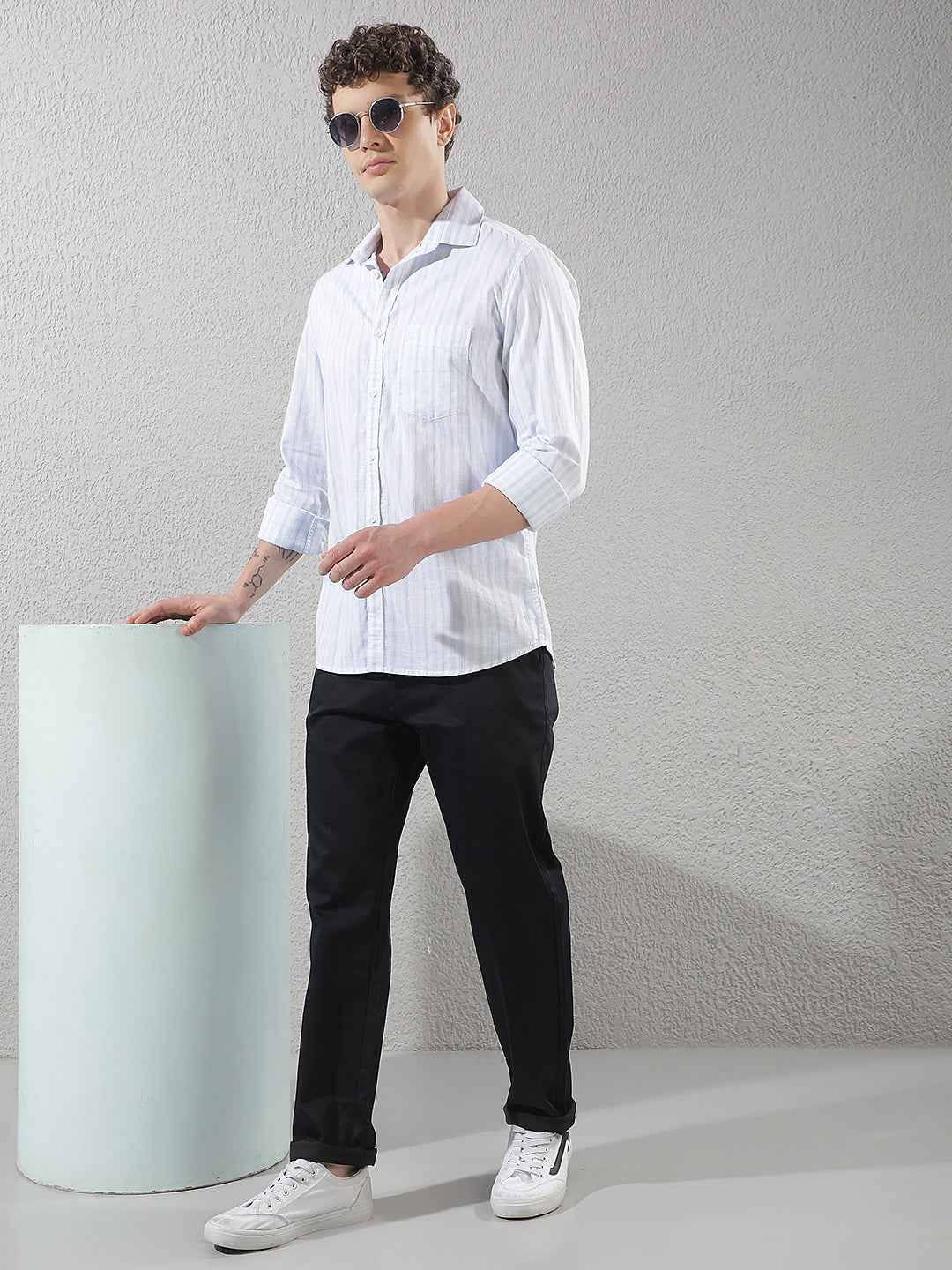 White Vertical Striped 100% Cotton Shirt