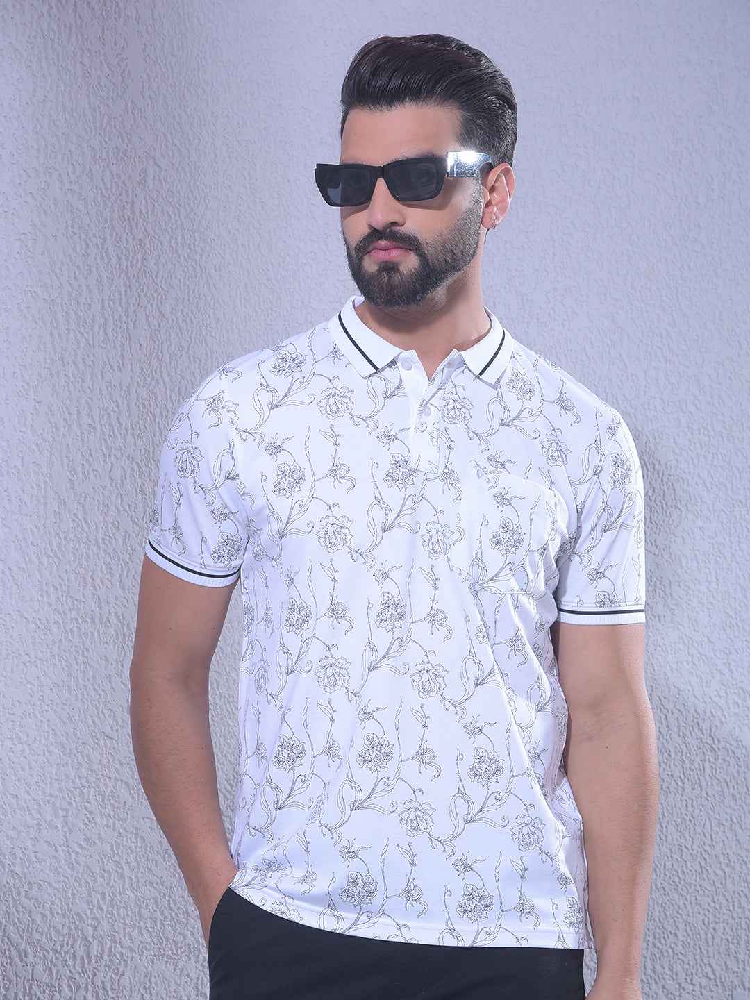 White Floral Print Polo Neck T-Shirt