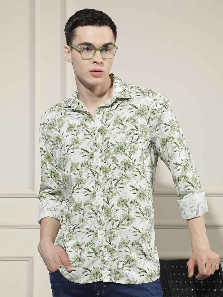 Green Floral Print Linen Shirt