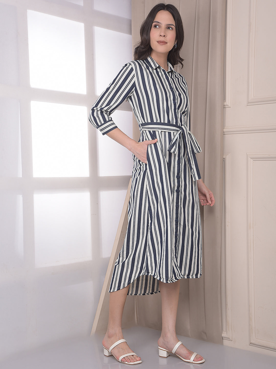 Blue Vertical Striped 100% cotton Shirt Dress