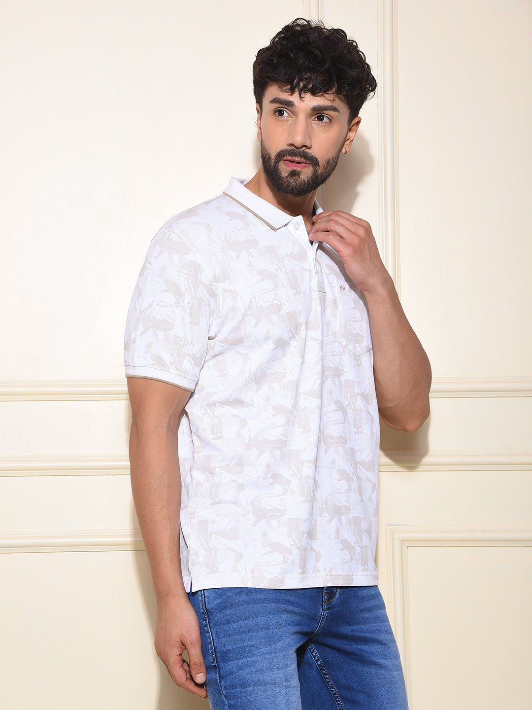 Beige Printed Polo-Neck T-Shirt