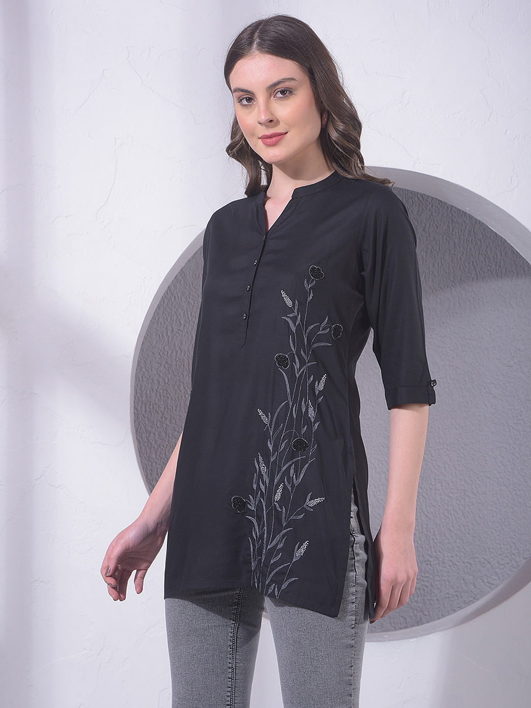 Black Embroidered Mid-Thigh Length V-Neck Top
