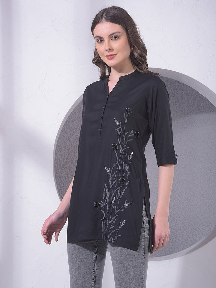 Black Embroidered Mid-Thigh Length V-Neck Top