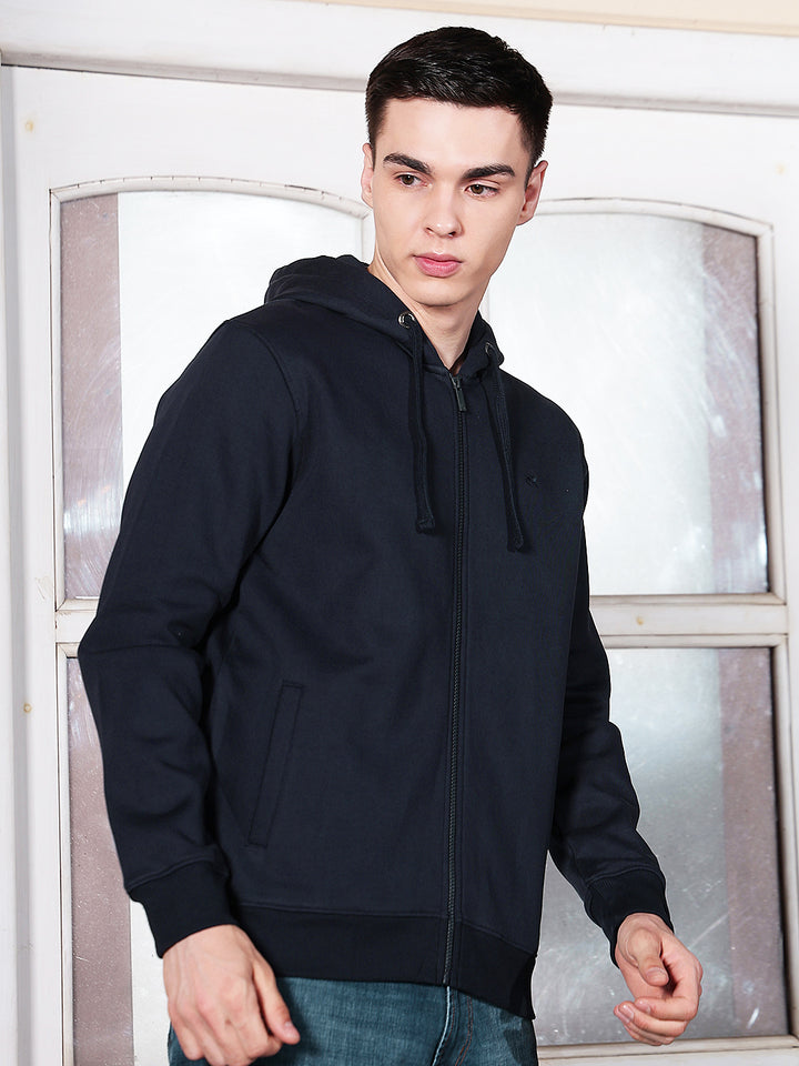 Navy Blue Hooded Neck Front Open Sweatshirt