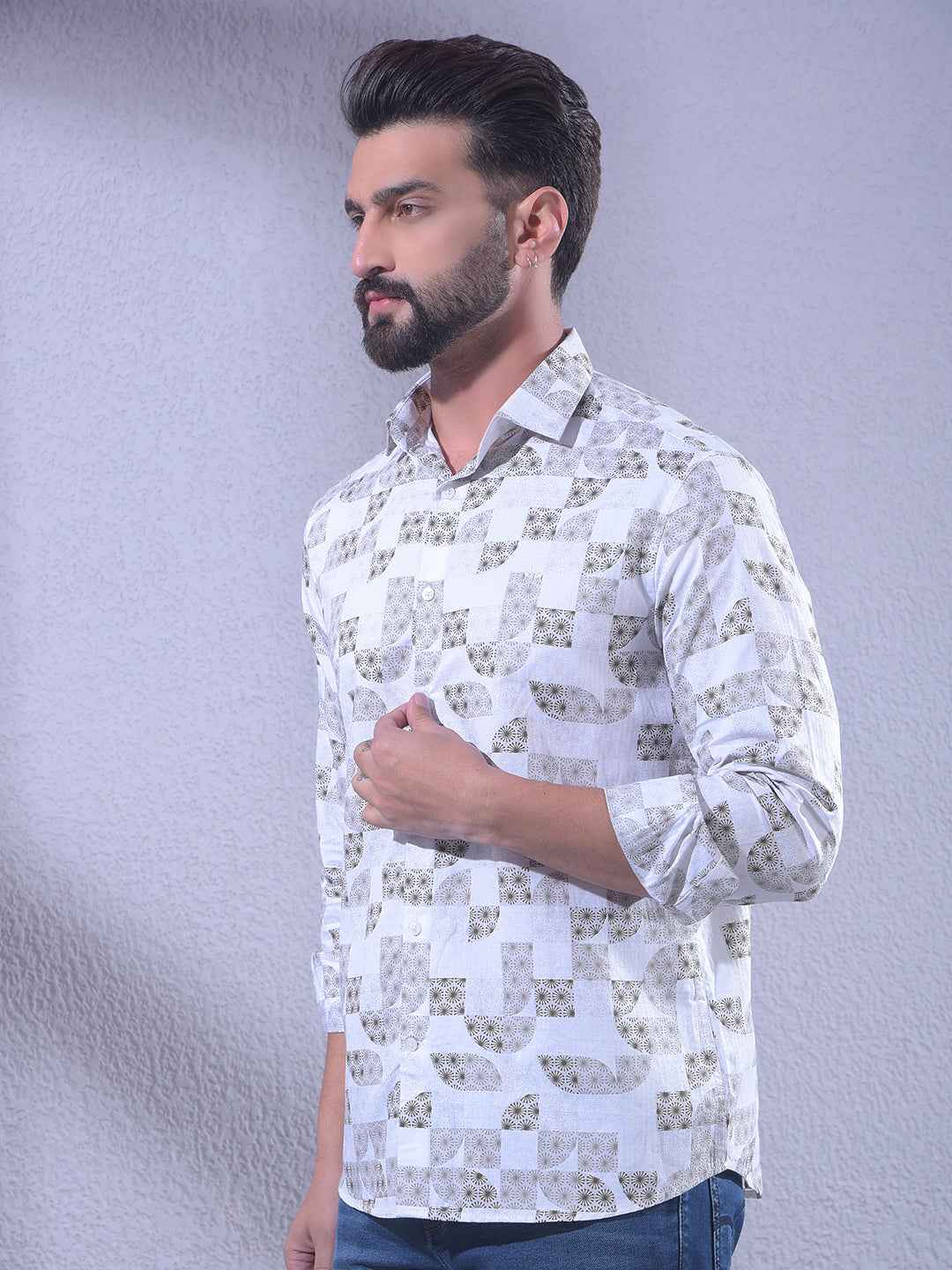 Olive Printed 100% Cotton Shirt