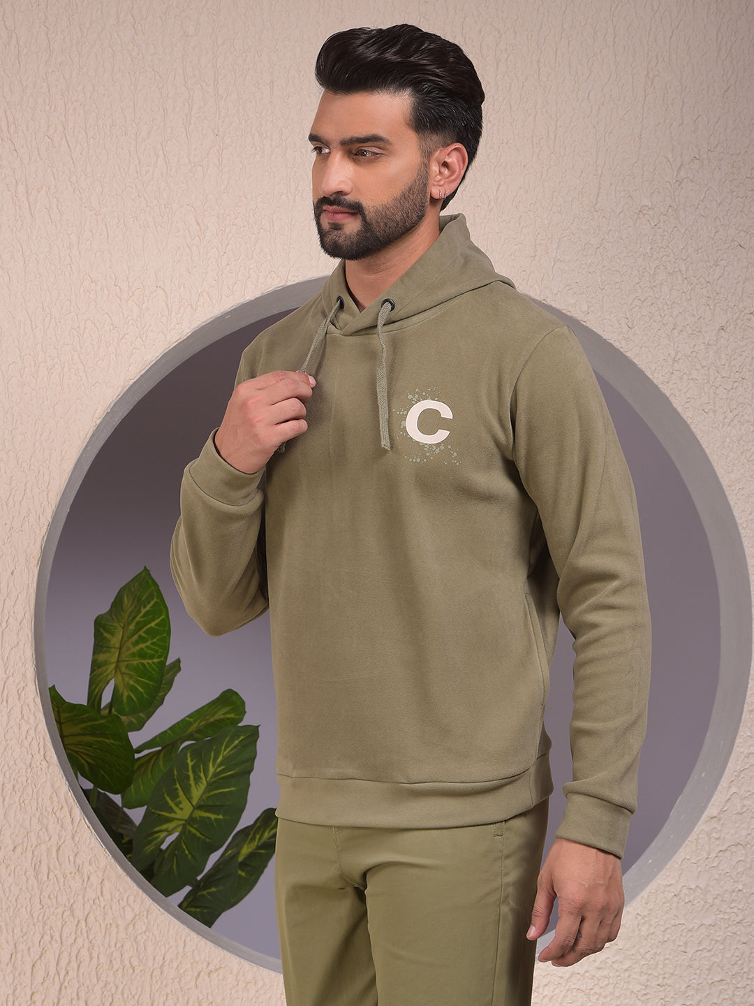 Olive Typographic Print Hooded Neck Sweatshirt