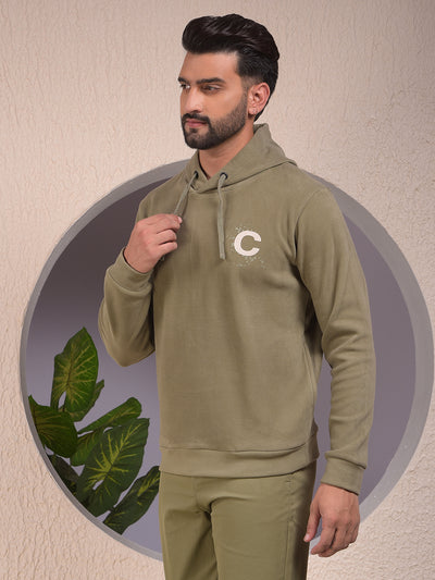 Olive Typographic Print Hooded Neck Sweatshirt