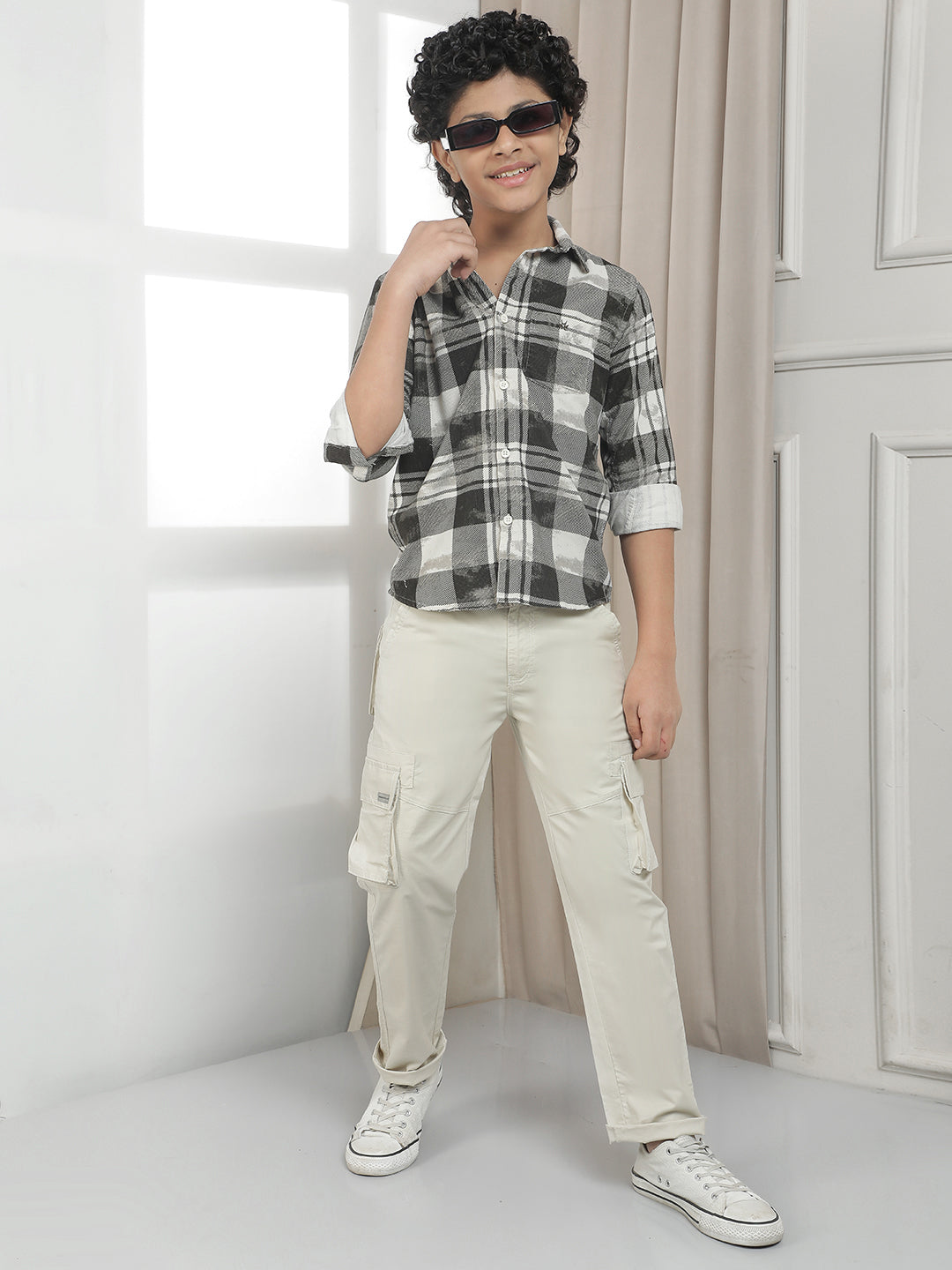 Grey Checked 100% Cotton Corduroy Shirt