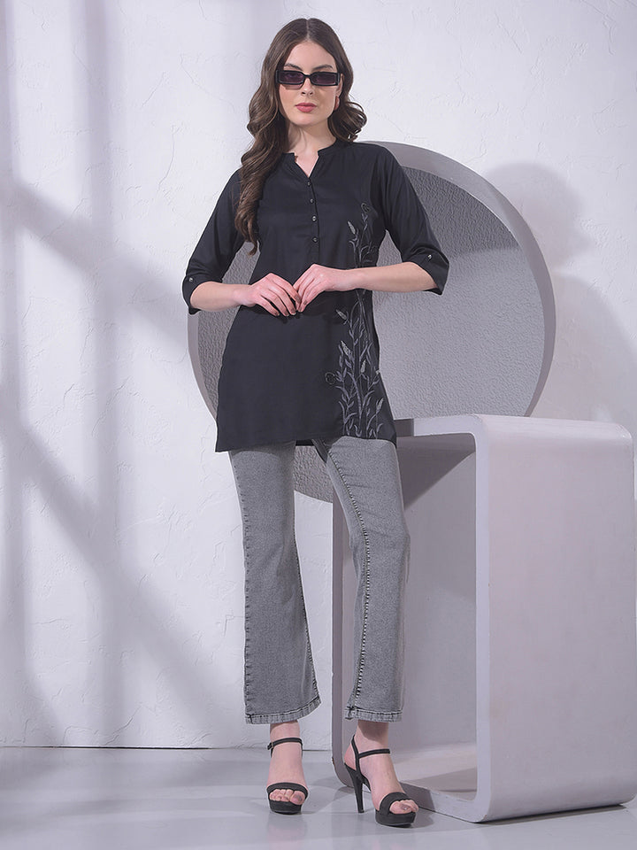 Black Embroidered Mid-Thigh Length V-Neck Top